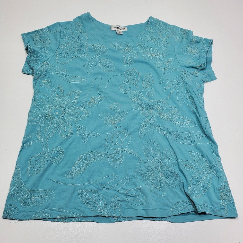 Coldwater Creek Top Women's 1X Blue Crewneck Short Sleeve Textured Embroidered